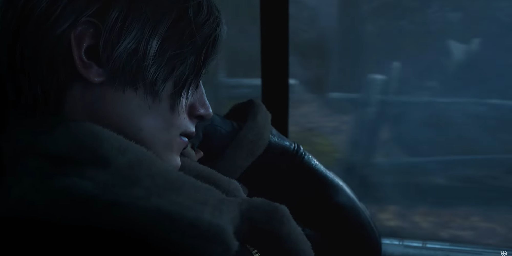 Leon Kennedy looking out of the window of a moving car