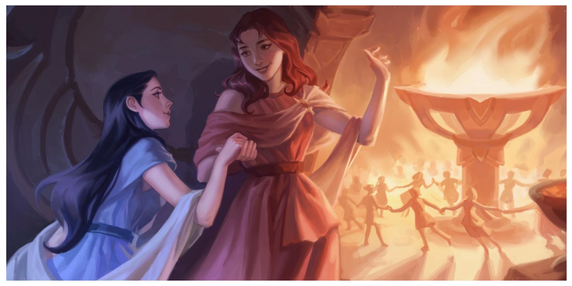 Leona and Diana when they were younger, holding hands to go dance by firelight during the festival of the Nightless Eve