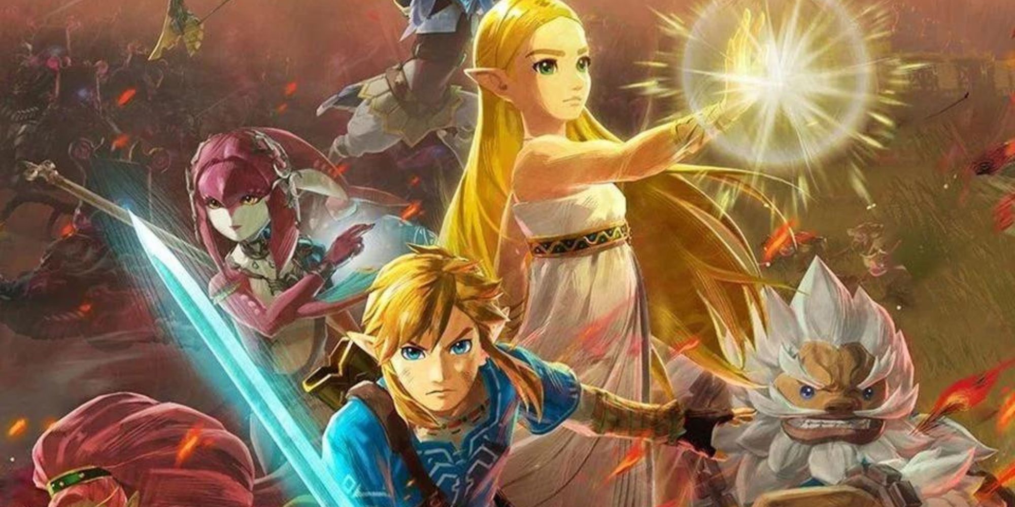 Link, Zelda, Mipha, and Daruk prepare to attack on a dark field