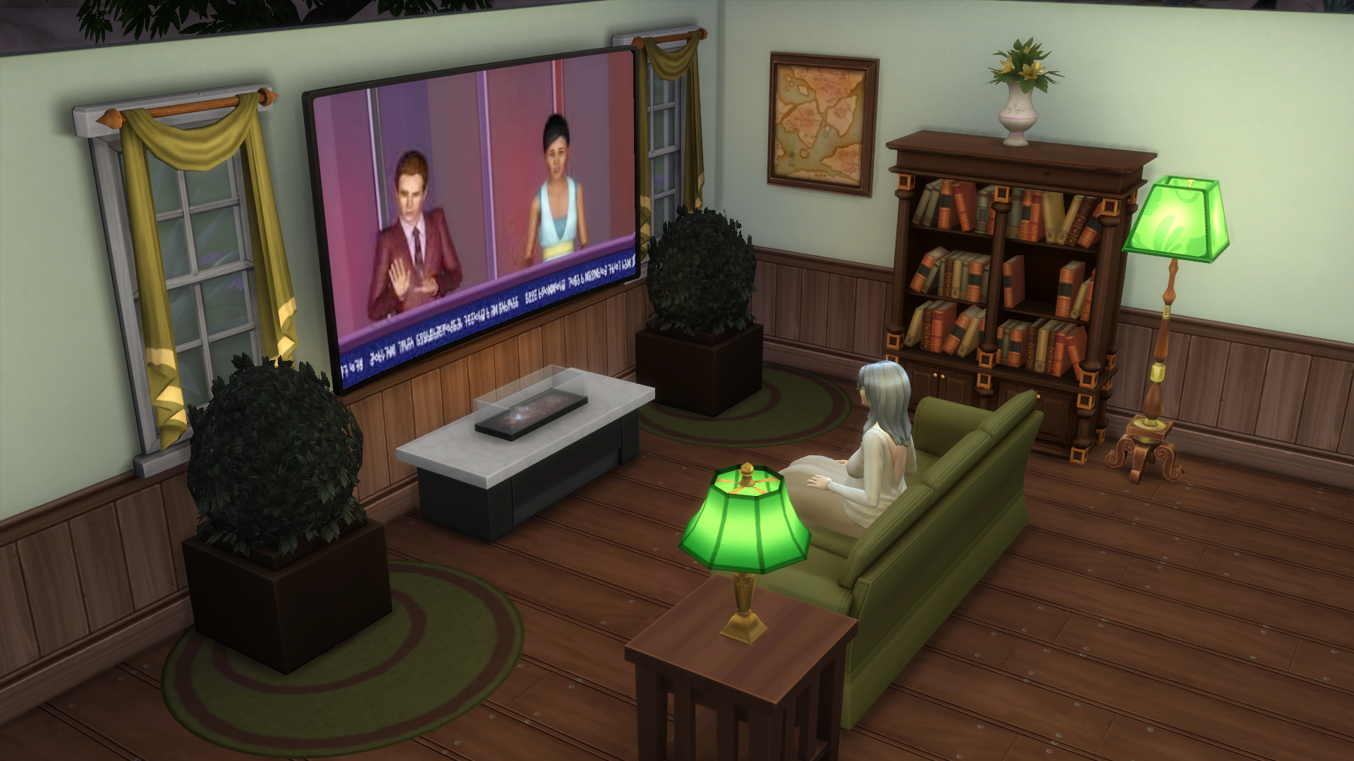 An elderly female Sim watching television in her living room in The Sims 4