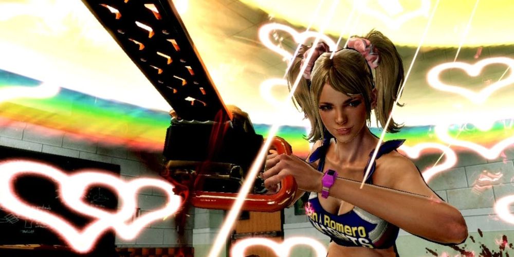 Lollipop Chainsaw Screenshot Of Juliet With Chainsaw And Covered In Hearts