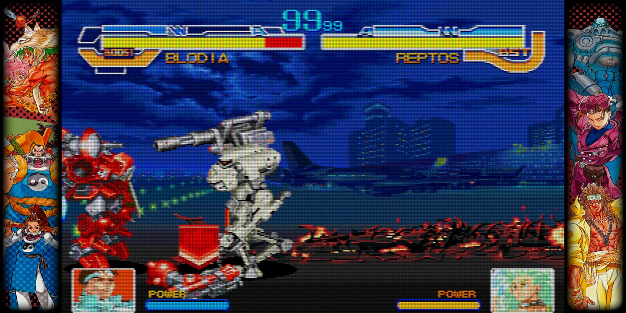 Blodia's arm lies on the ground during a battle with Reptos at an airport in Cyberbots, a game in Capcom Fighting Collection.