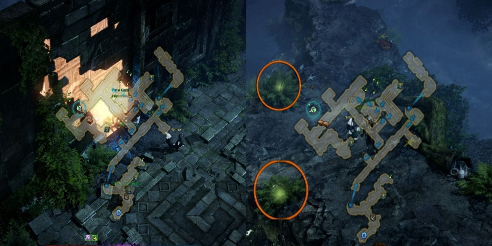 Lost Ark split image of Lost City Island Mokoko Seeds 2 and 3 with minimap open