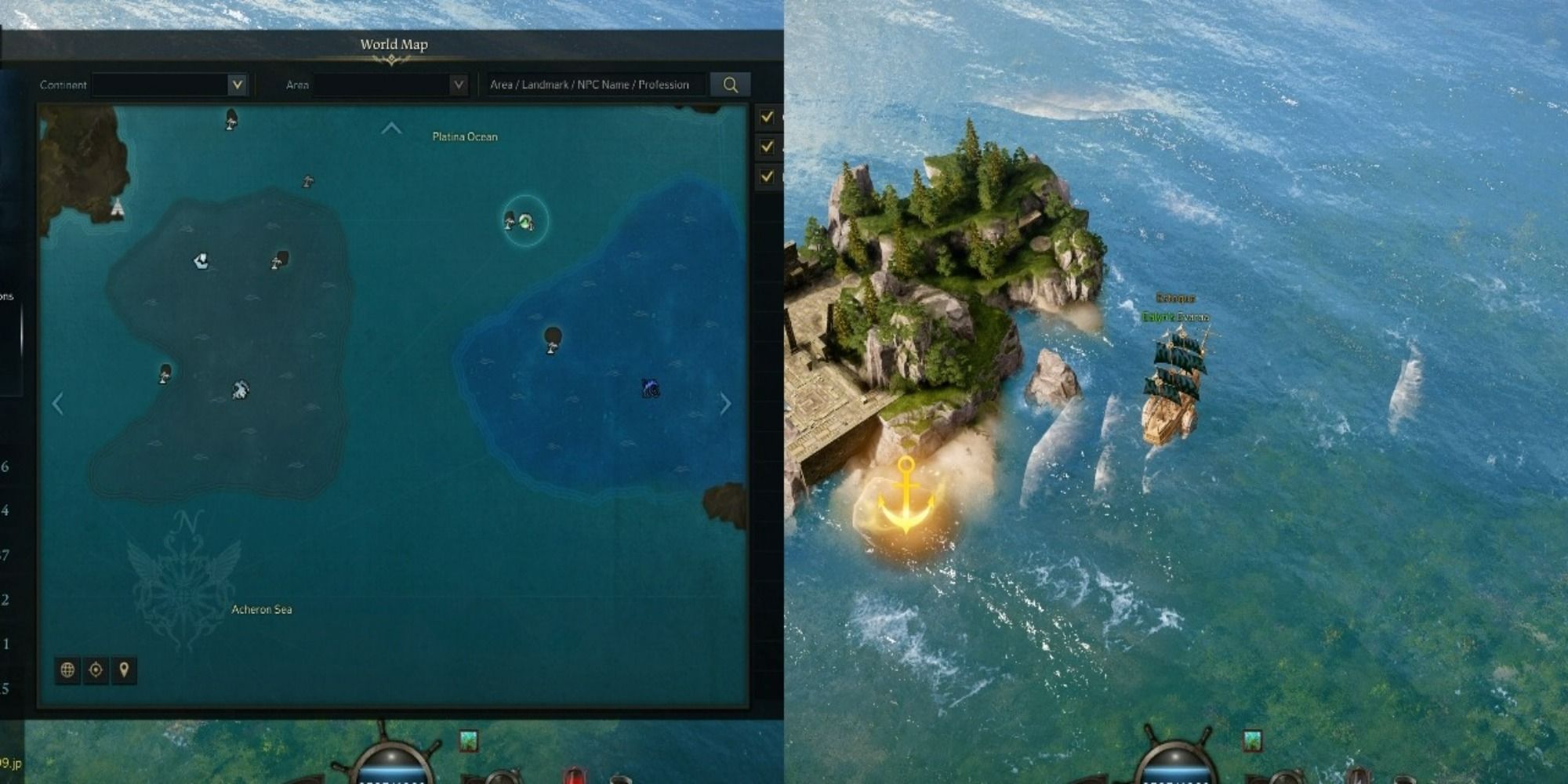Lost Ark split image of Lost City Island location in open seas and on map
