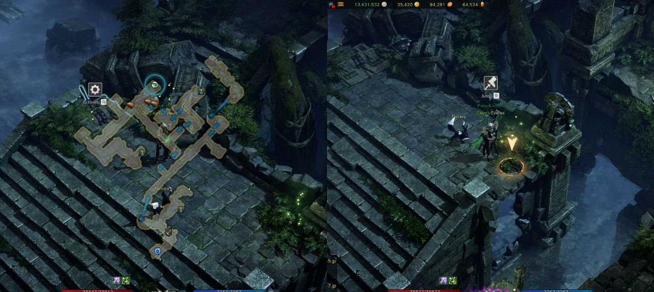 Lost Ark split image of Lost City Island Mokoko Seeds 4, 5, 6 and 7 hidden entrance with minimap open