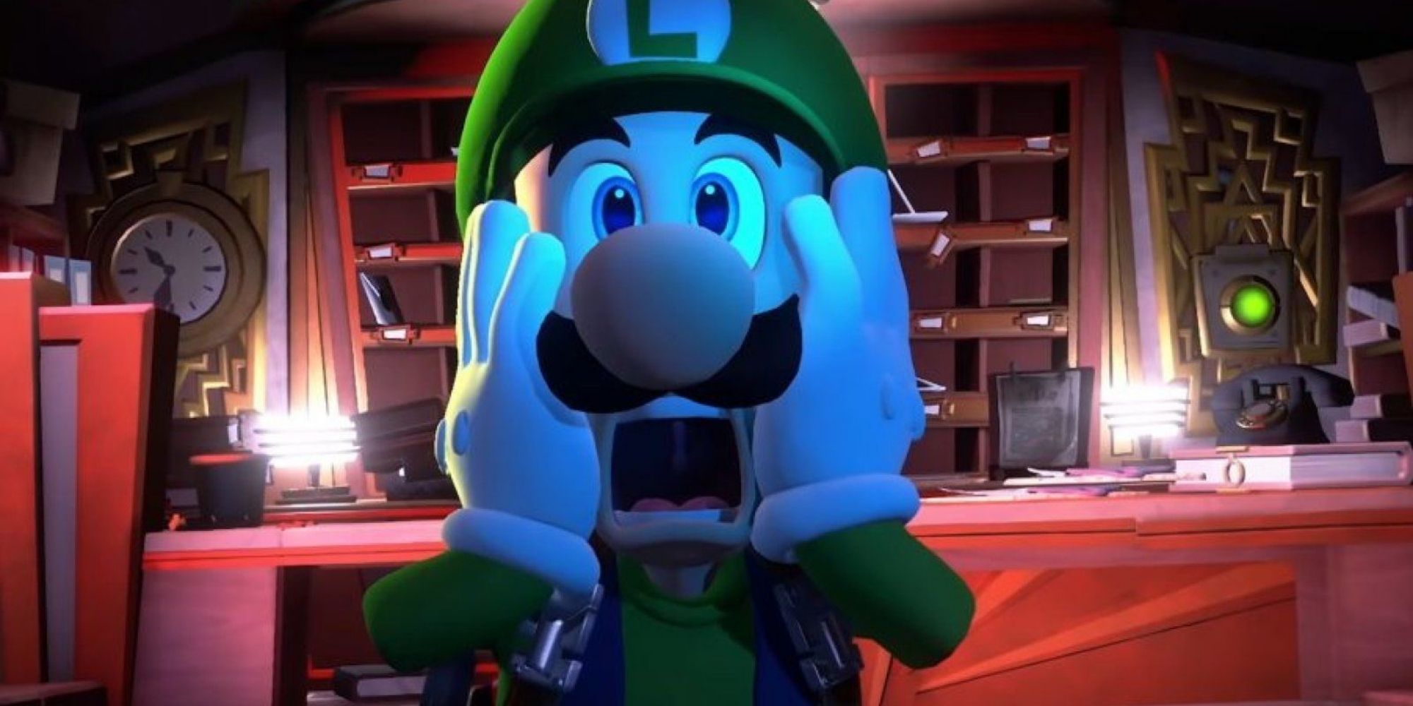 Luigi's looks scared in front of the hotel desk