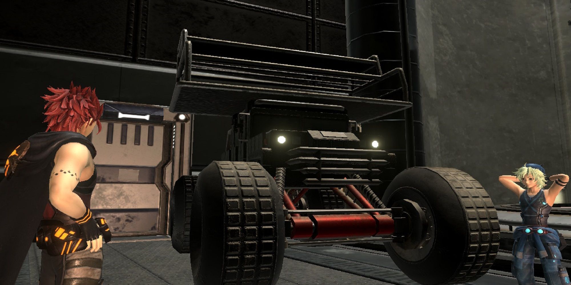Yokky shows off the Monster Buggy he restored to Talis at Iron Base in Metal Max Xeno Reborn.