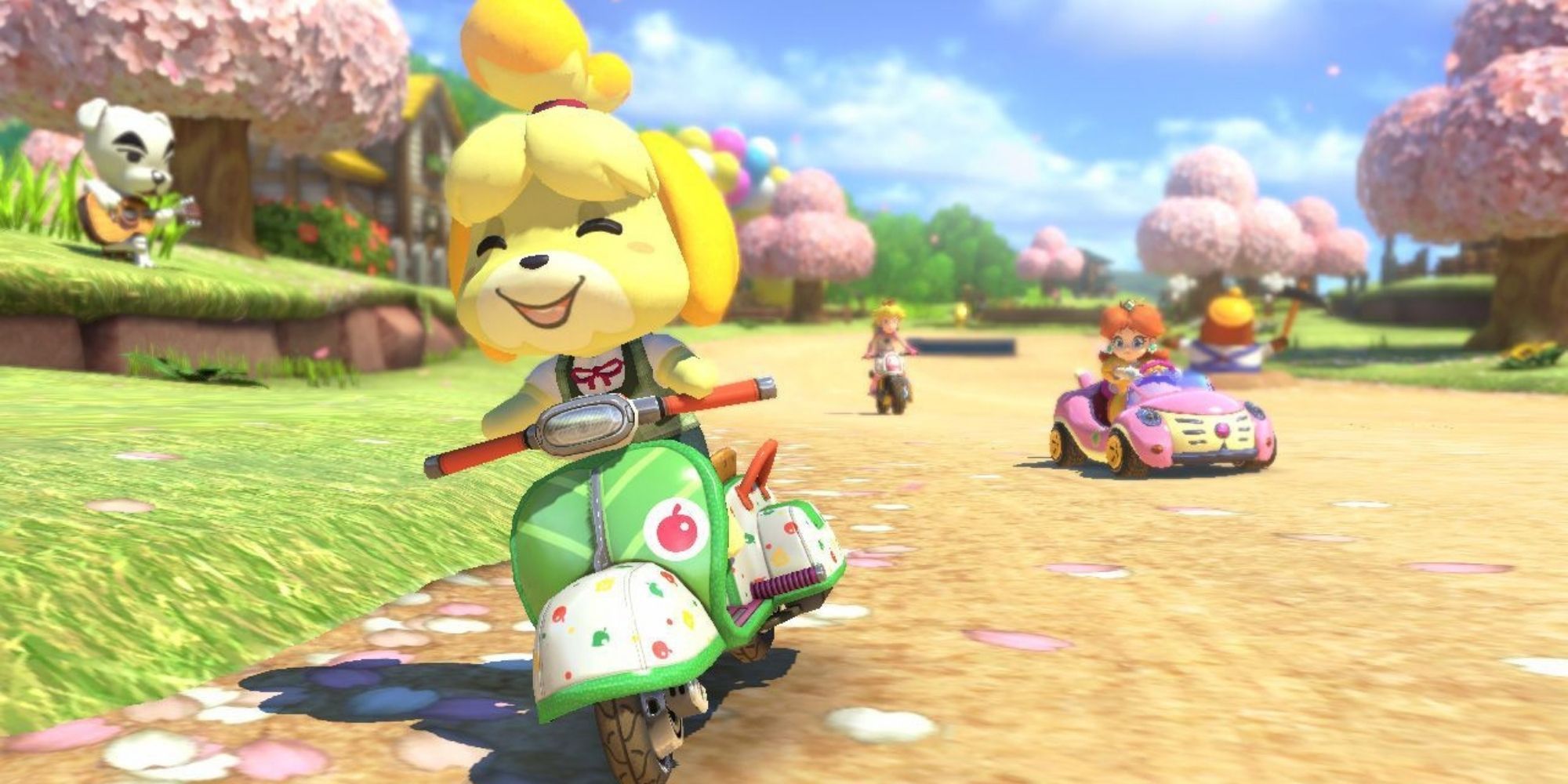 Isabelle rides a scooter on the Animal Crossing track