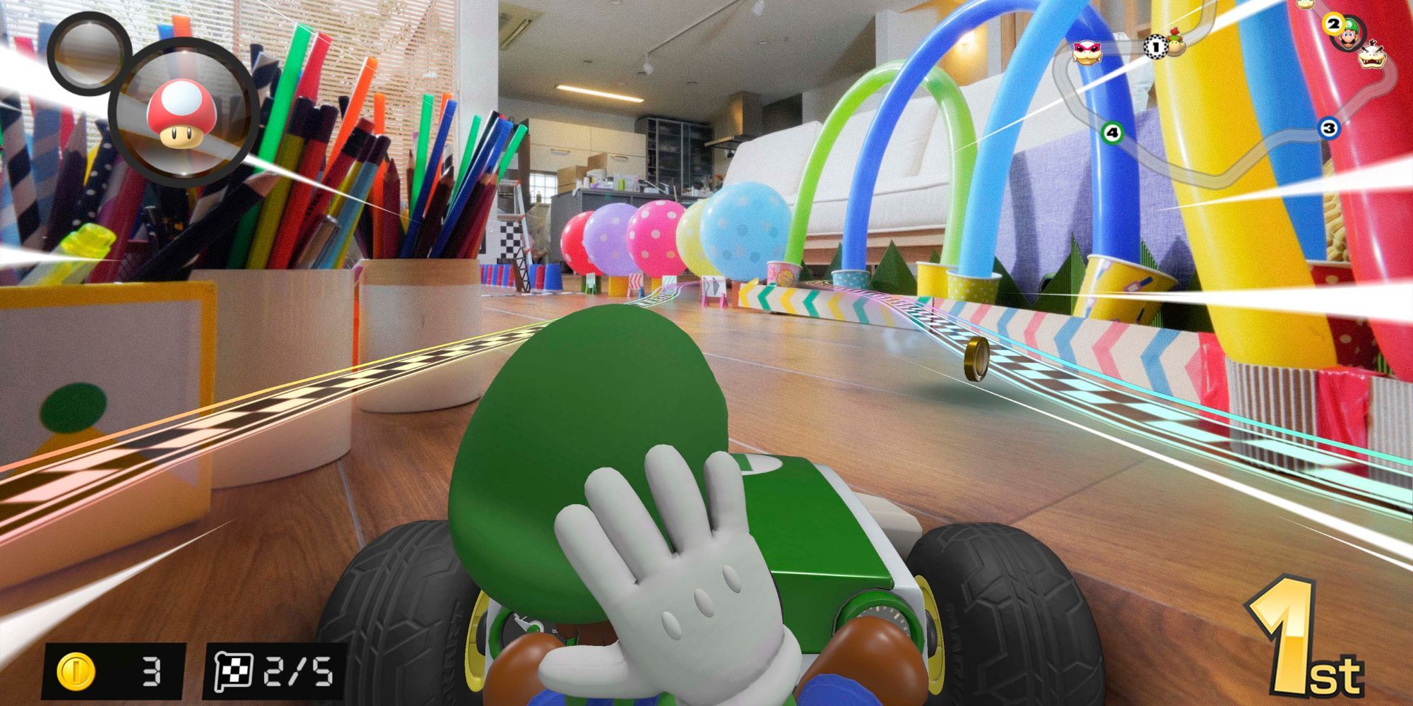 Luigi drives car in first place during a race past straws and pens