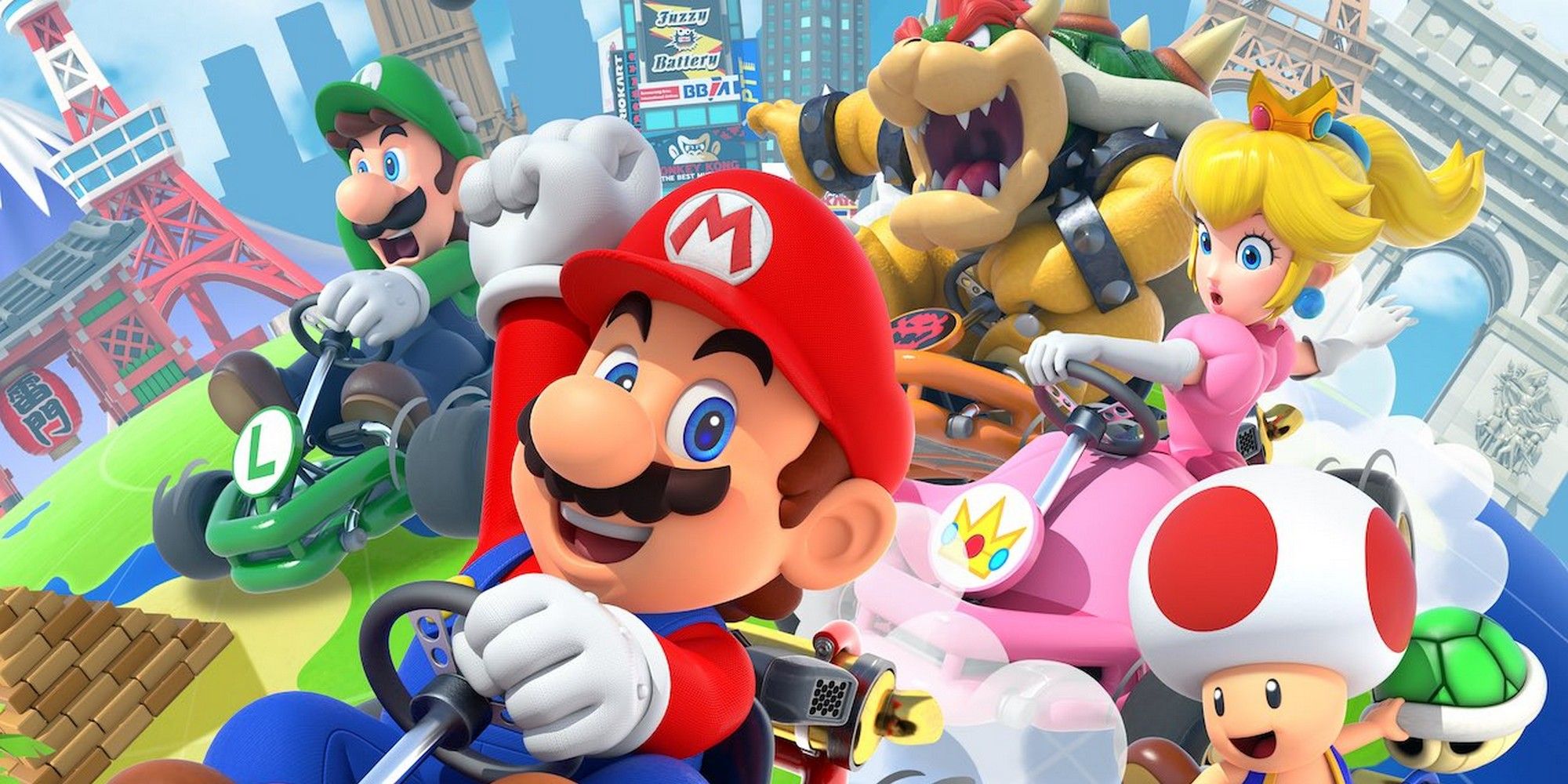 Mario Kart Tour promo image featuring Mario, Luigi, Peach, Bowser, and Toad