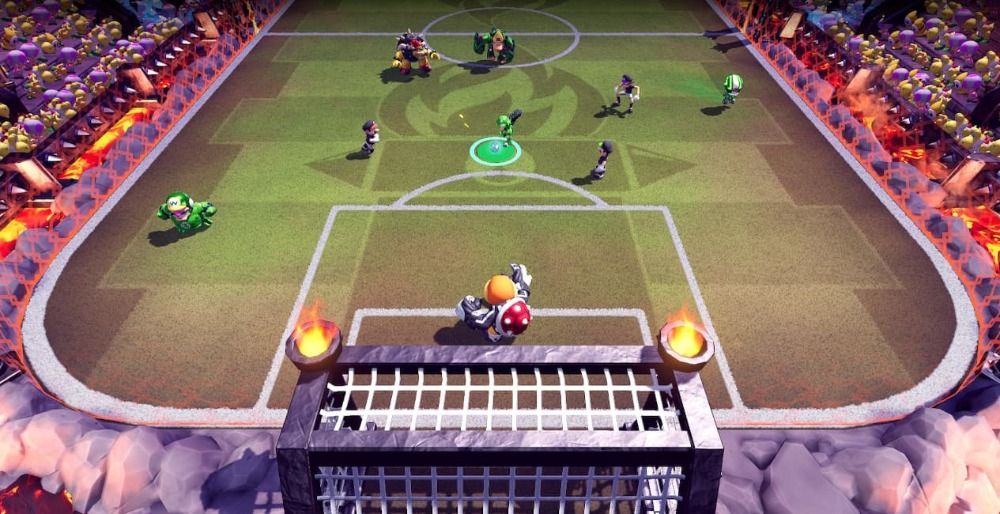 Screenshot of Luigi hitting a perfect shot in Mario Strikers Battle League