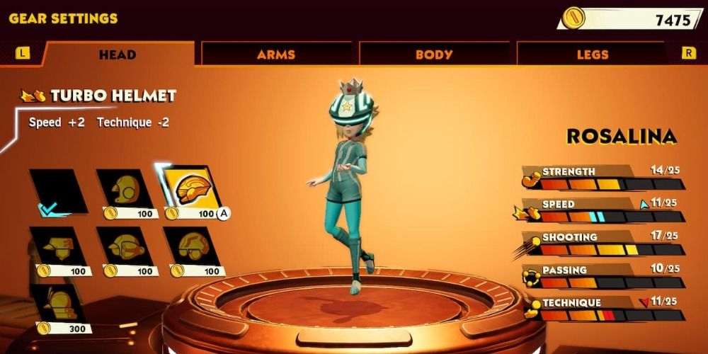 Screenshot of Rosalina equipping a Turbo Helmet in Mario Strikers Battle League