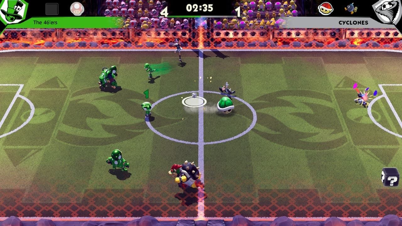 Screenshot of Toad Tackling Mario With A Green Shell in Mario Strikers Battle League