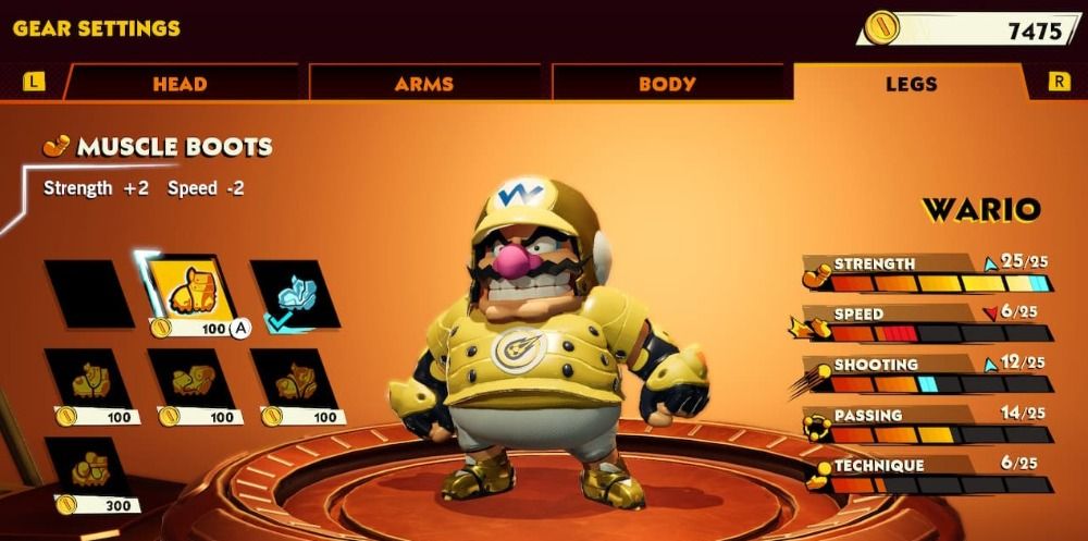 Screenshot of Wario equipping the Muscle Boots in Mario Strikers Battle League