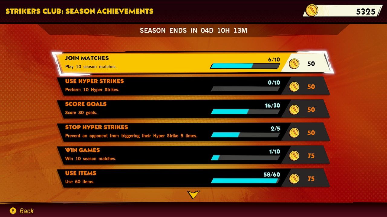 Mario Strikers Battle League Club Seasonal Achievements listed with rewards