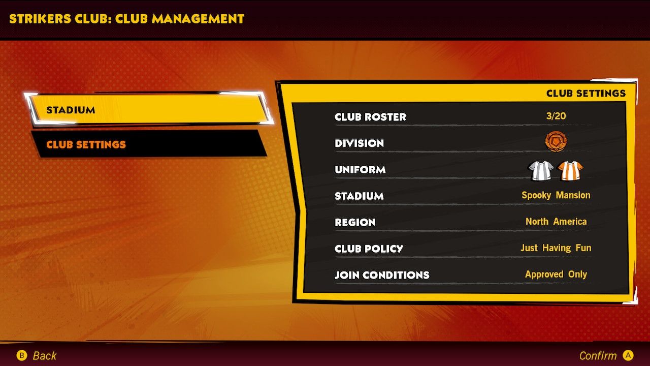 Mario Strikers Battle League Club Management menu