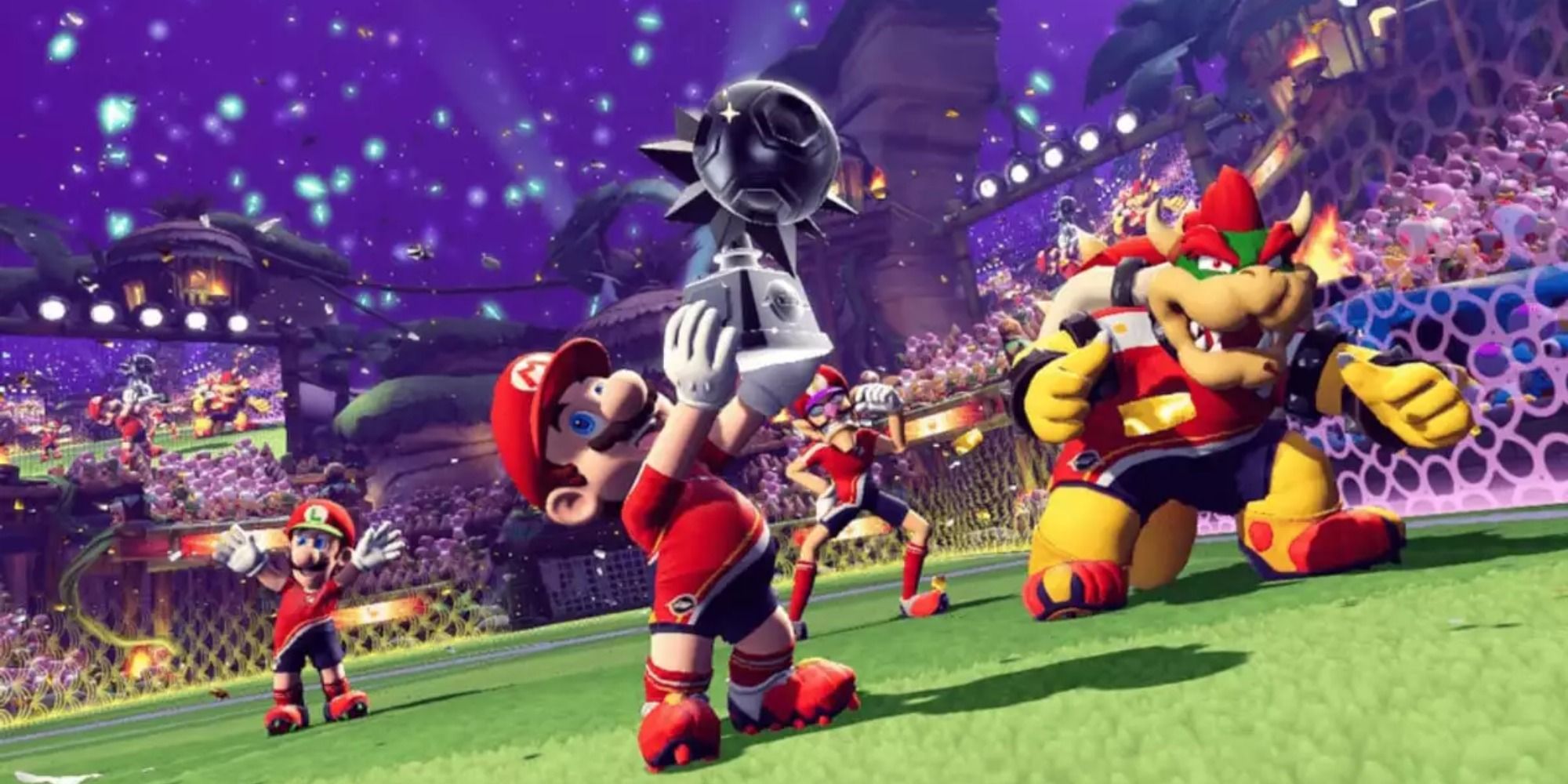Mario hoisting a Cup Trophy after winning a tournament in Mario Strikers: Battle League