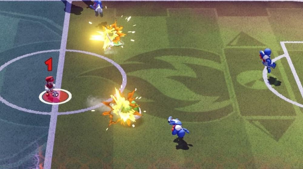 Mario Strikers Battle League screenshot of Mario throwing two Green Shells at Yoshis
