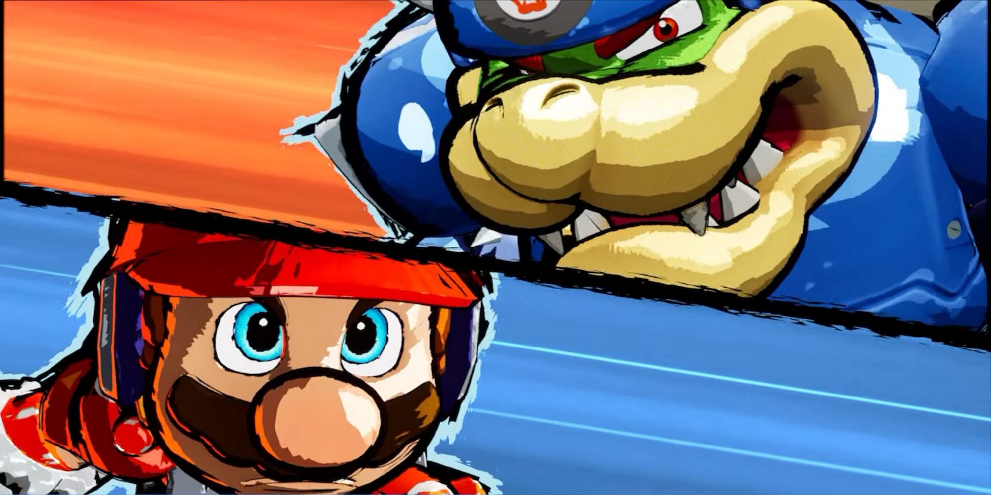 Split image of Mario and Bowser from Mario Strikers: Battle League