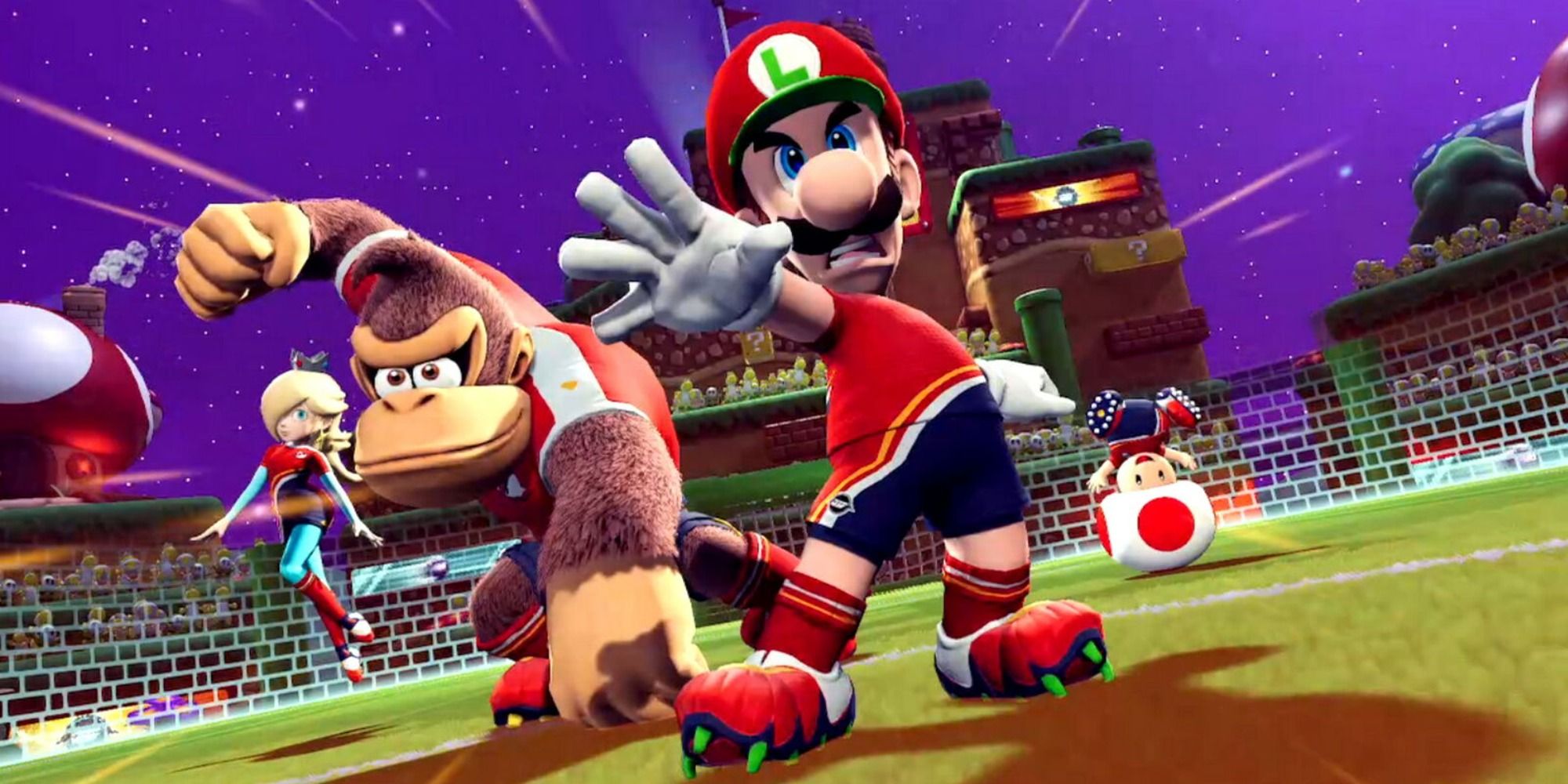 [From left to right] Rosalina, Donkey Kong, Luigi, and Toad as a team in Mario Strikers: Battle League Football