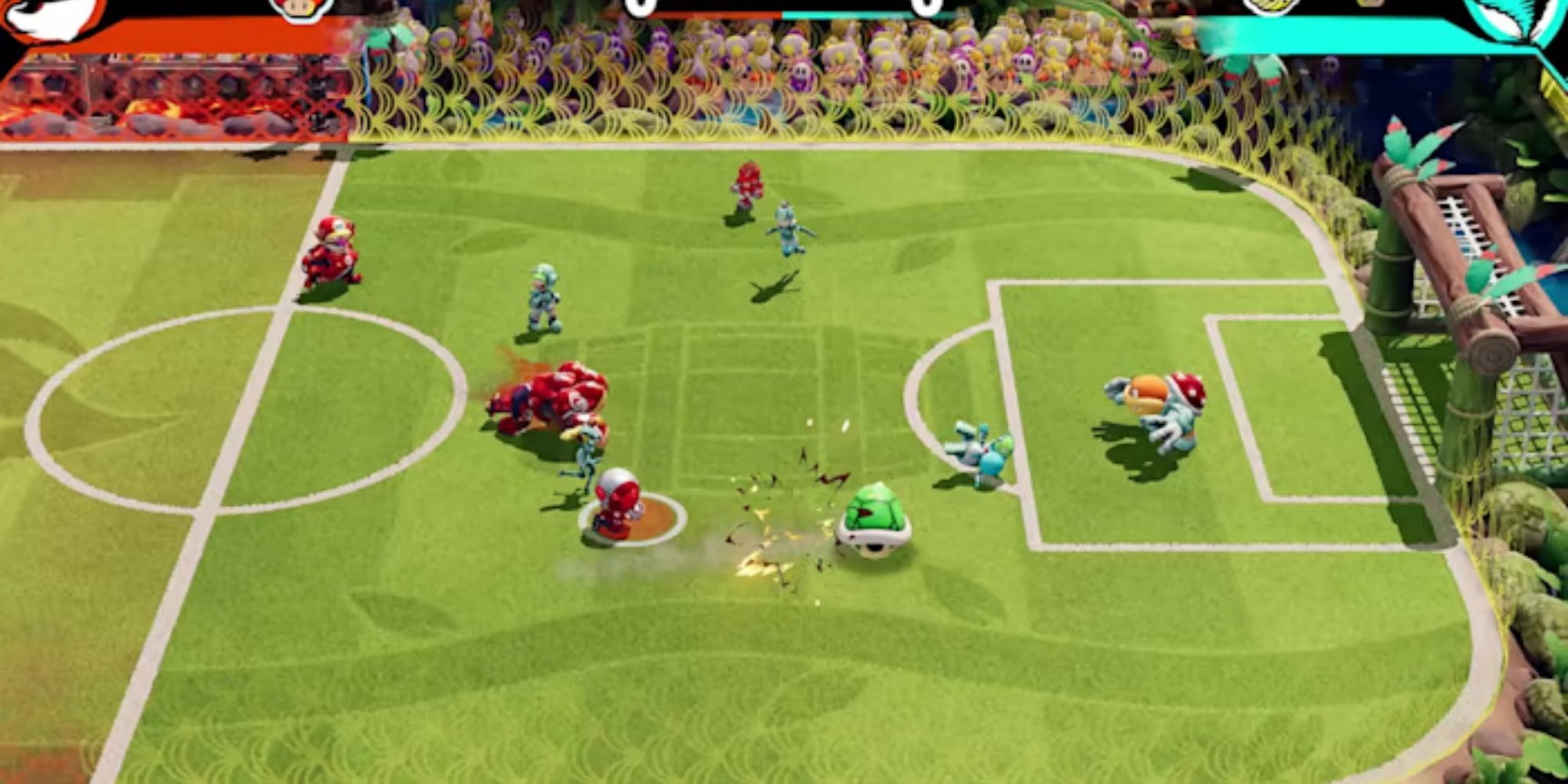 Mario Strikers Battle League a green shell moves across the field during a match