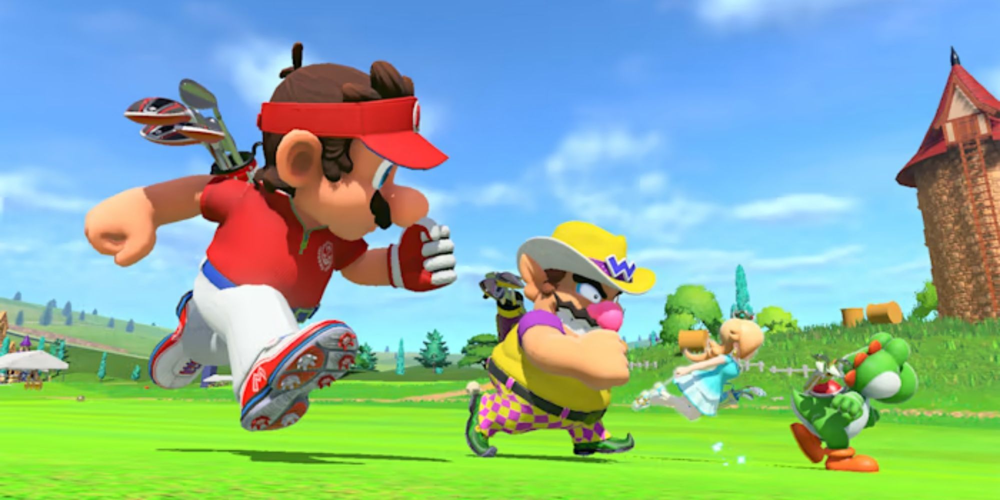 Mario, Wario, Yoshi, Rosalina run across the golf course on a sunny day