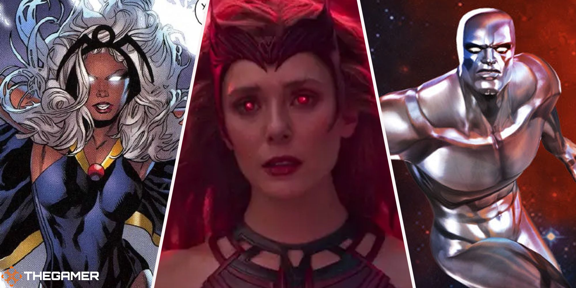 Marvel Characters - X-Men's Storm (left), Fantastic Four's Silver Surfer (right), Avenger's Scarlet Witch (middle)