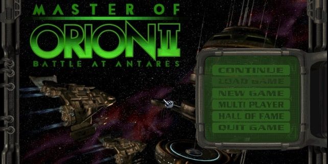 The main menu of Master Of Orion showing ships flying in the background and multiple menu options