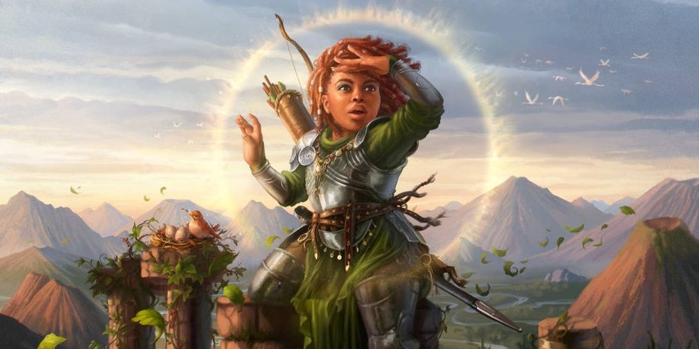 Halfling paladin with bow looks into distance among nature