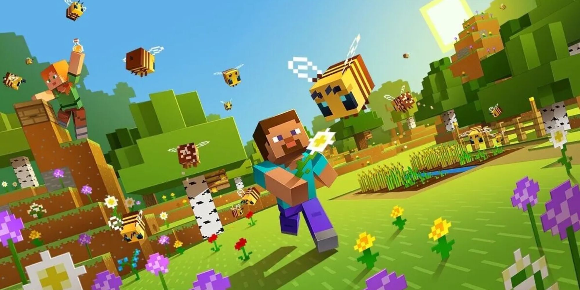 Minecraft art of steve running through field with bees