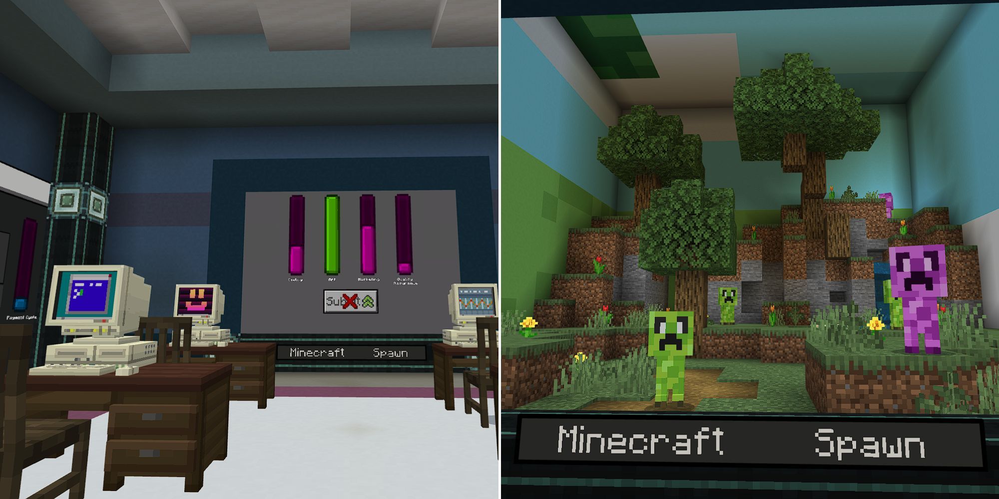 Creating content with computers and seeing the final product of a Minecraft Spawn in Minecraft Marketplace Creator Tycoon