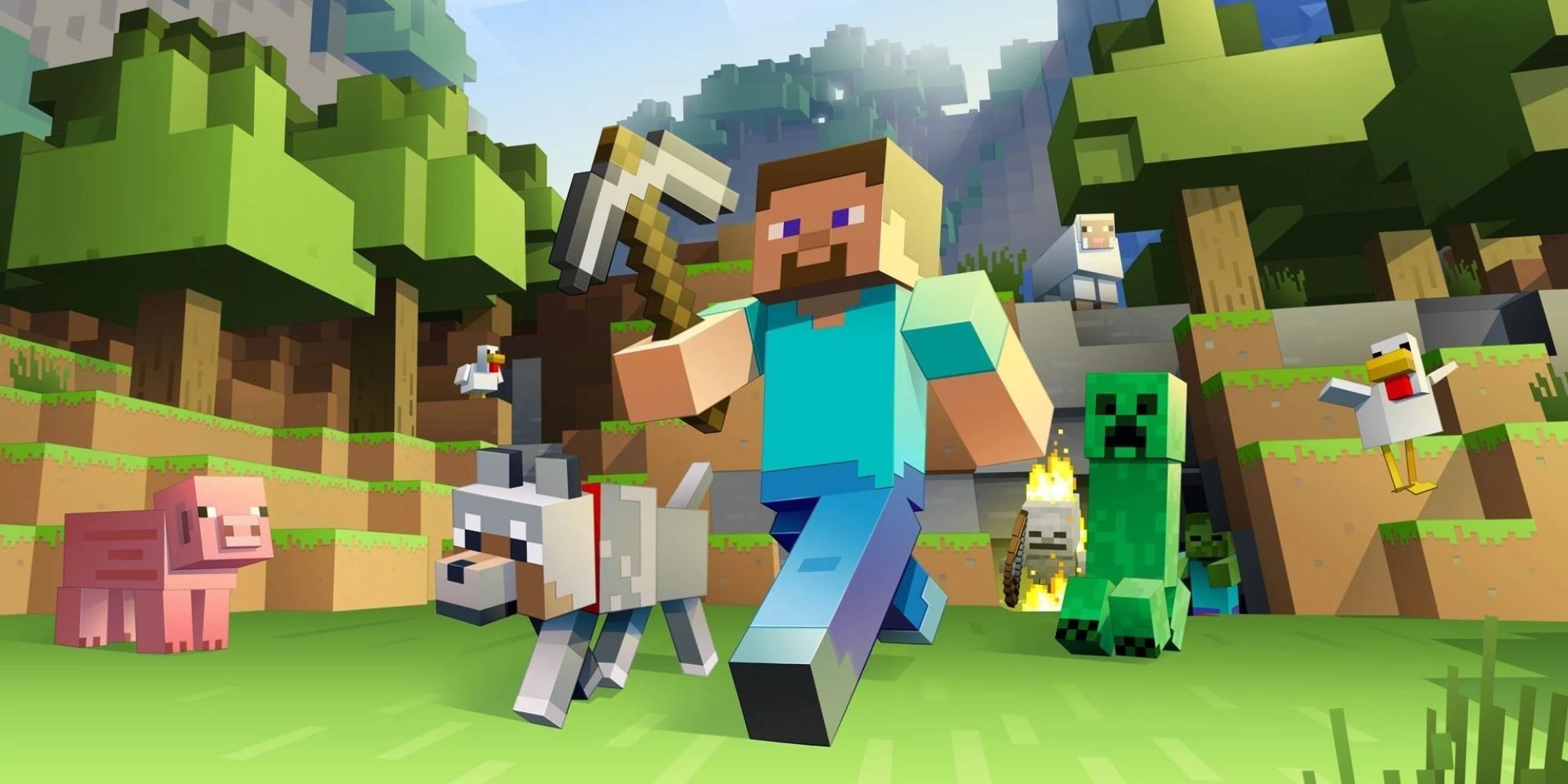 Minecraft Steve with a bunch of animals