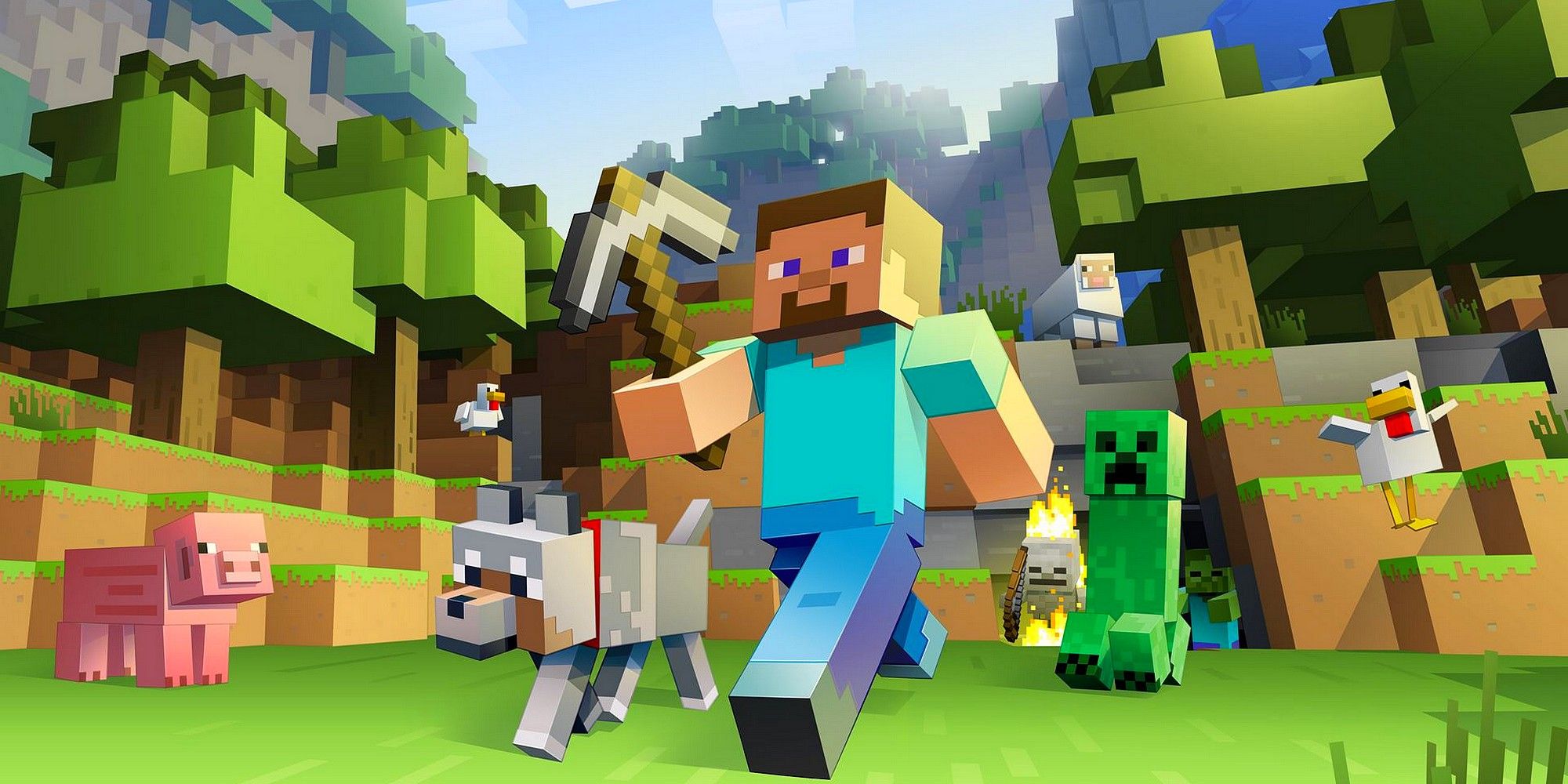 Minecraft composite image with Steve, creeper, wolf, pig, chicken, trees