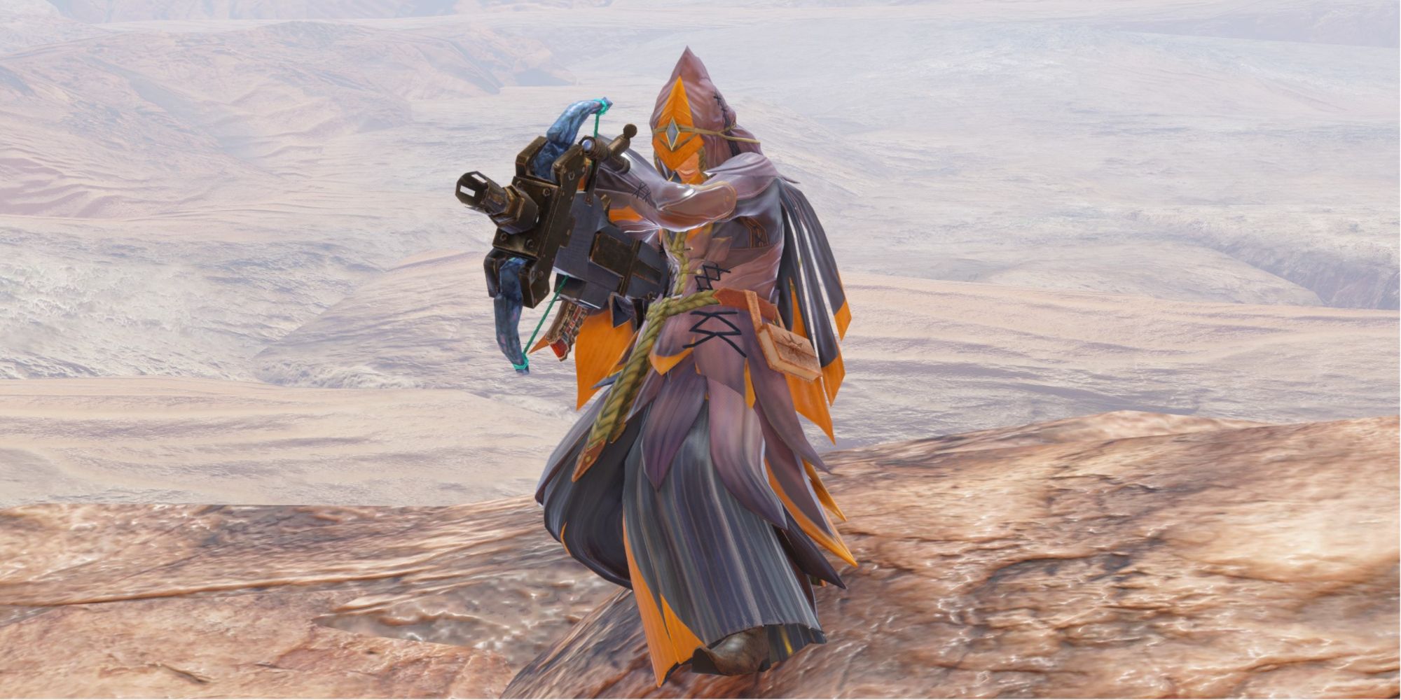 Monster Hunter Rise Light Bowgun Pose in the desert