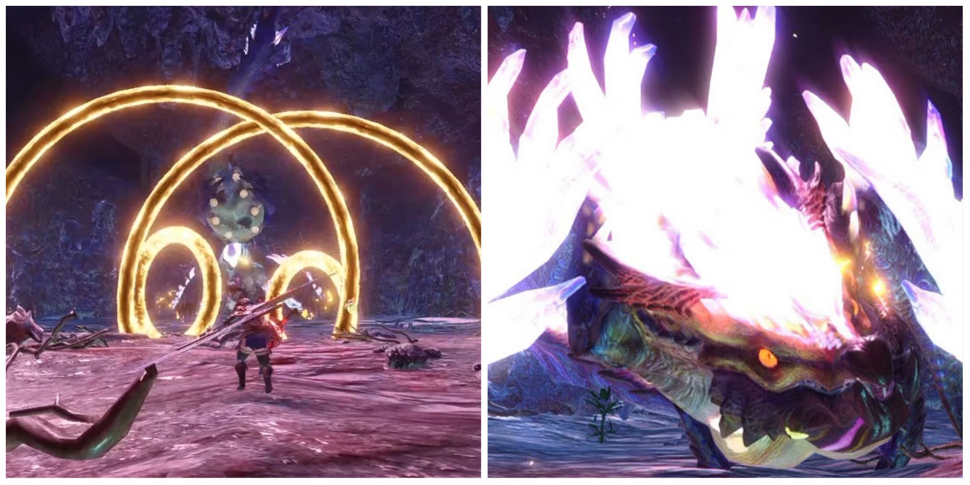 Split image showing Narwa The Allmother in Monster Hunter Rise.