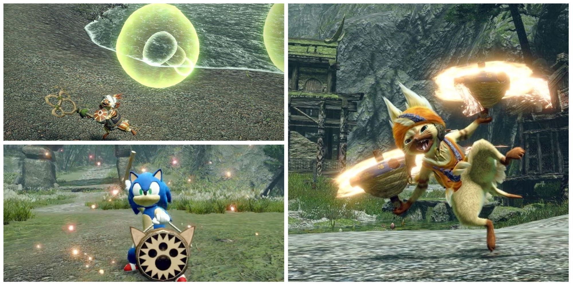 Split images showing Palicos using various support moves in Monster Hunter Rise.