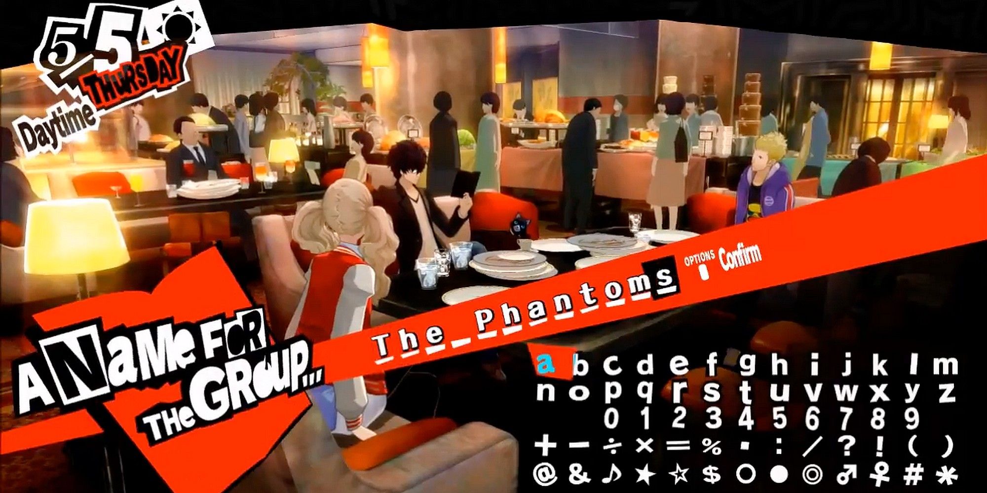 Joker, Ann, Morgana, and Ryuji naming the team in Persona 5