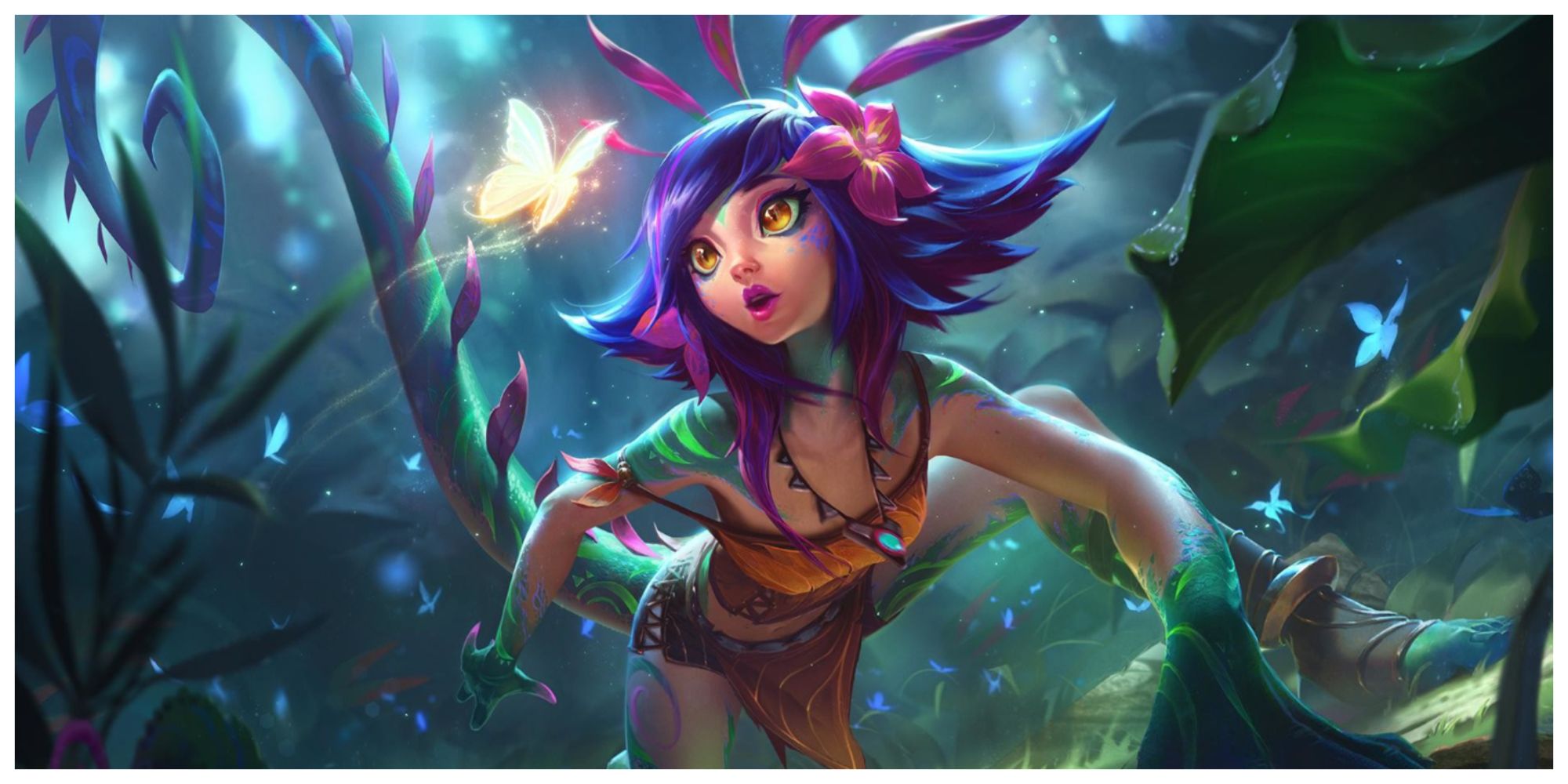 Neeko, The Curious Chameleon in the jungles of Ixtal, her gaze filled with wonderment and awe as she beholds a butterfly 