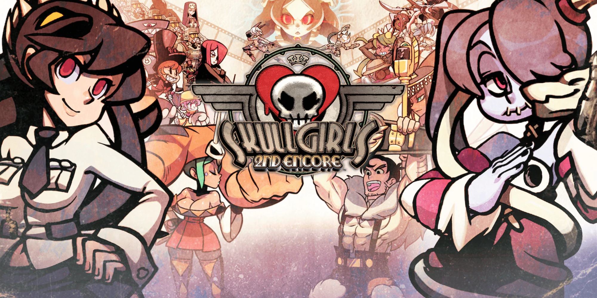 a promotional image for Skullgirls 2nd Encore featuring the game's logo and various characters scattered throughout with Filia prominently on the left and Squigly on the right