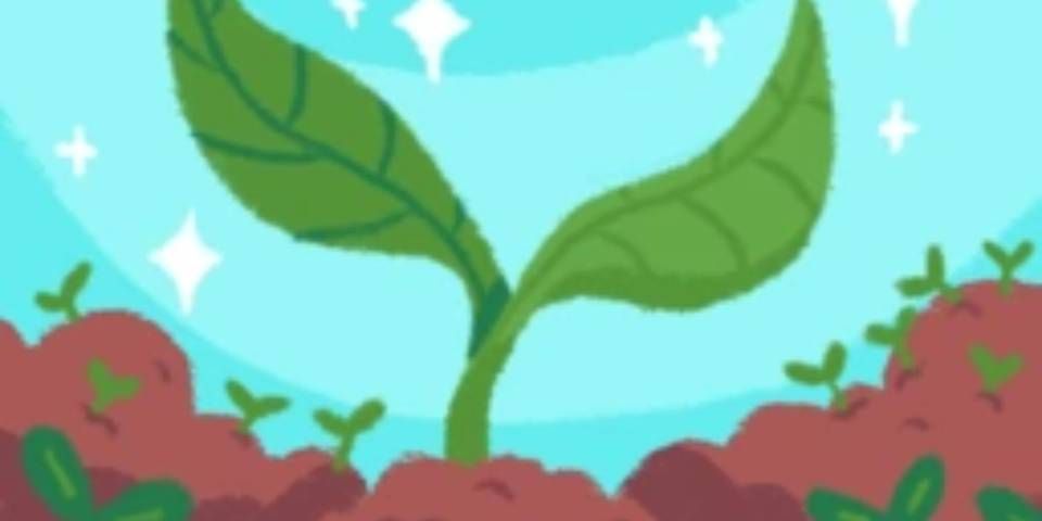 a piece of art from Floppy Knights showing a large sapling towering over smaller saplings in the dirt