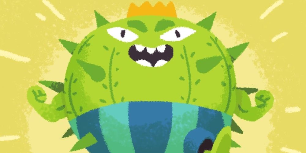 a close up of the unit Barrel Cactus from Floppy Knights with a crown on its head and a grin on its face