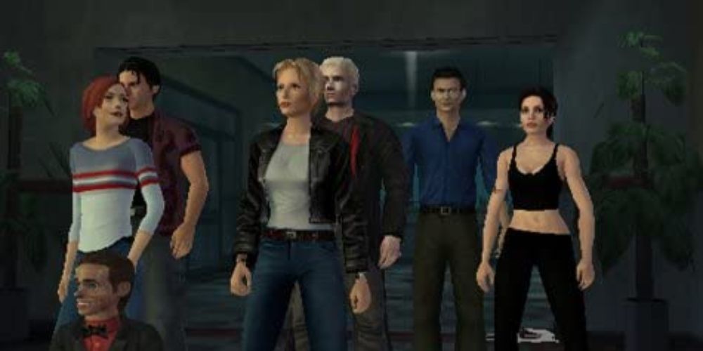 a mid shot of various characters from the game Buffy The Vampire Slayer: Chaos Bleeds in a group including Spike, Buffy and Xander