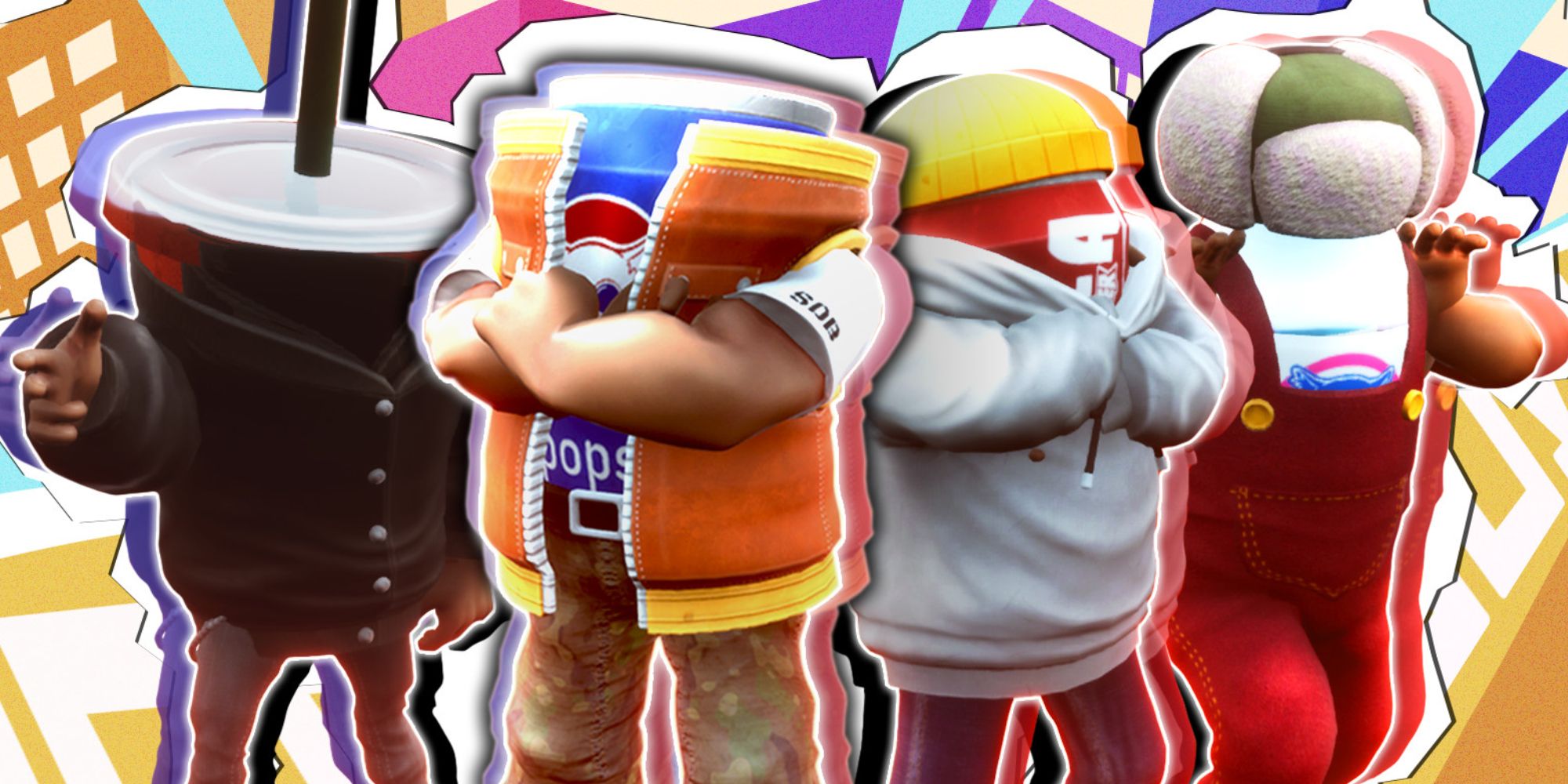 an image of various fighters from Super Drink Bros that resemble cans, bottles and cups lined up wearing assorted clothing against a colourful background