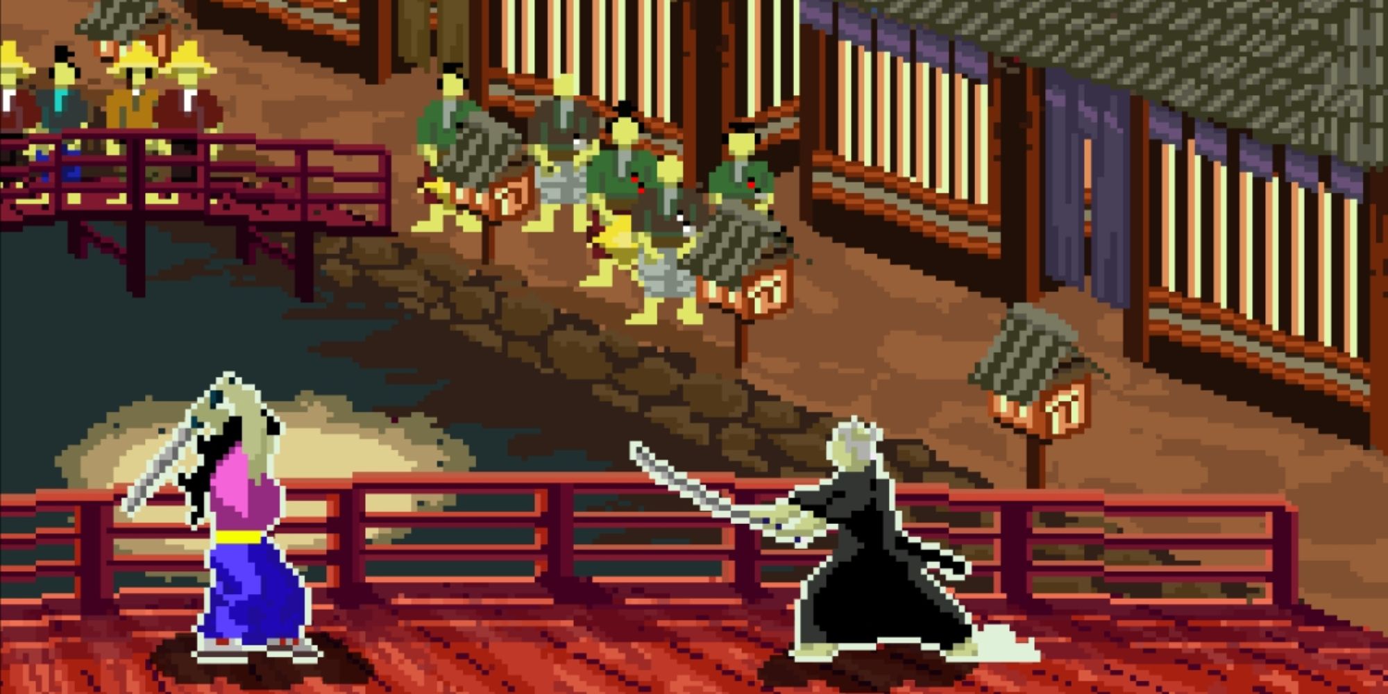 a 2D wide shot pixel art image from One Strike of two fighters, one in black wielding a sword and the other in purple, standing opposite each other on a bridge while spectators watch 