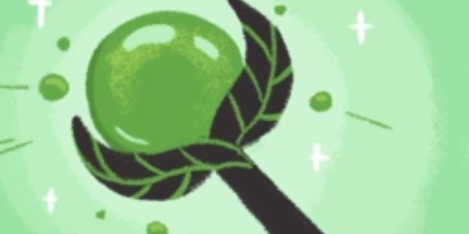 a piece of art from Floppy Knights showing a black staff with leaves surrounding a green ball at the end