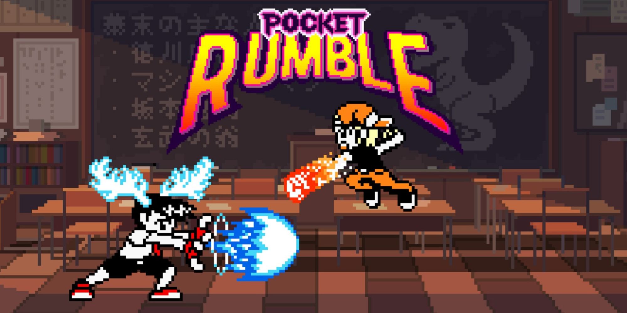 a promotional image for the game Pocket Rumble featuring two of its characters fighting each other in a classroom with the game's title above them