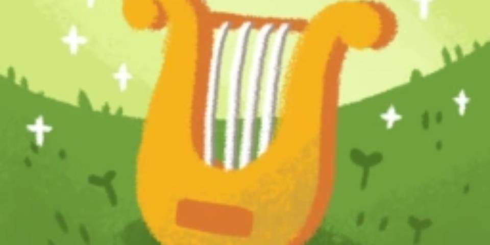 a piece of art from Floppy Knights showing a golden lyre sat in a field of grass 