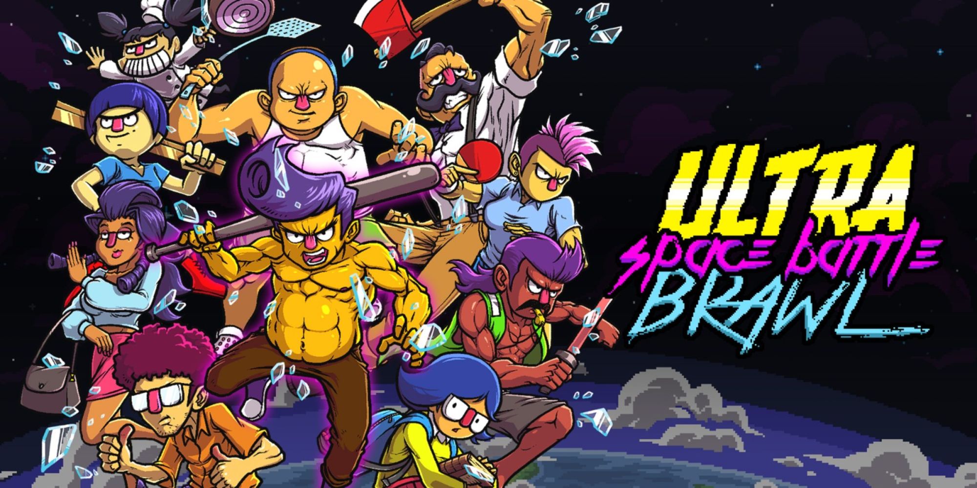 a promotional image for the game Ultra Space Battle Brawl featuring art of the game's huge roster on the left and the game's title on the right all against a backdrop of space