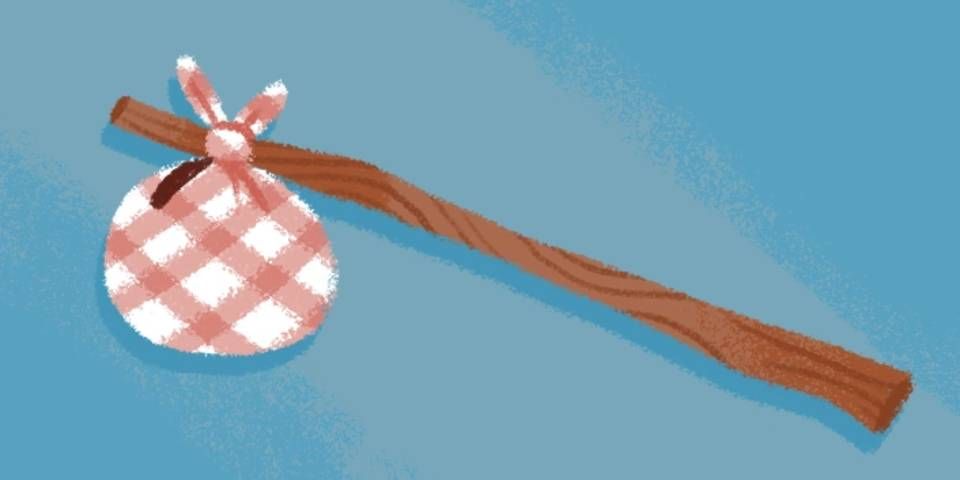 a piece of art from Floppy Knights with a bag on a stick in the middle against a blue background