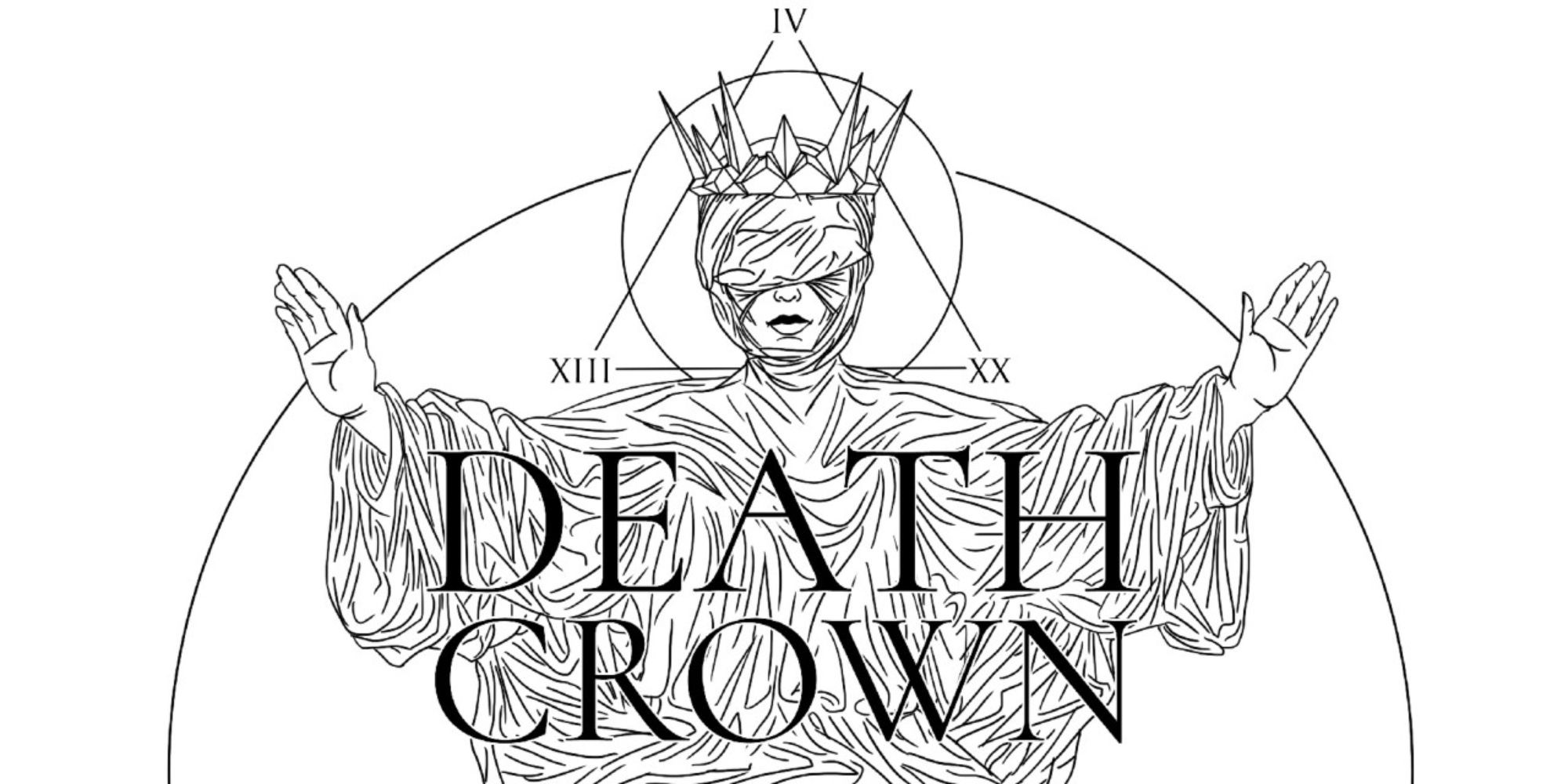 a promotional image for Death Crown featuring the titular Death with her arms out and palms extended with the game's title cross her torso